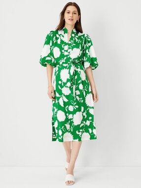 Ann Taylor | Green and White Floral Tie-Waist Midi Dress